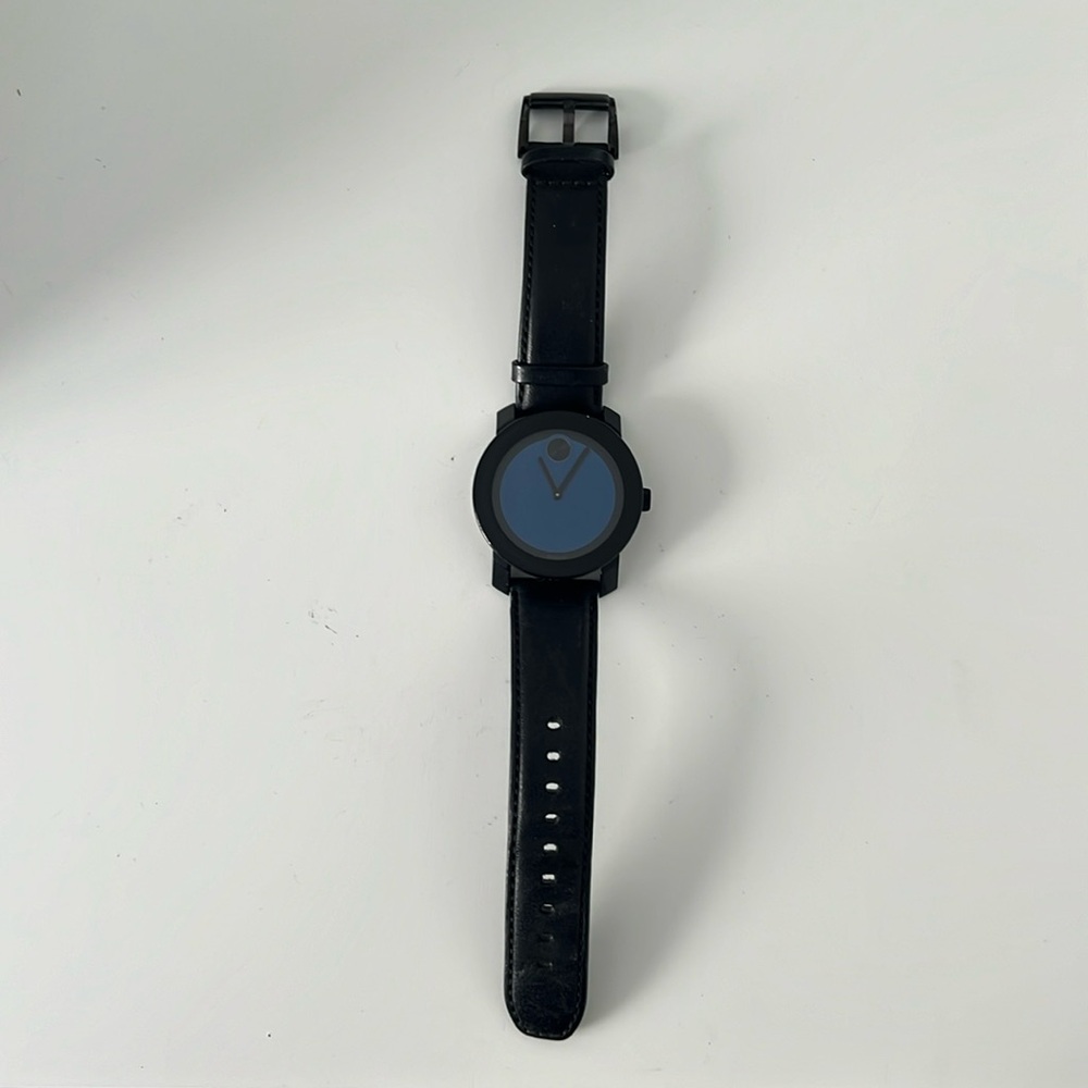Movado BOLD Dark Blue Dial Men's Black Leather Band Wrist Watch